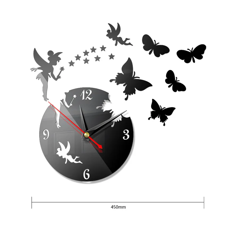 Новые 3D зеркальный эффект настенные часы Фея украшения для дома бабочки часы для гостиной Детская спальня современный дизайн бесшумные часы