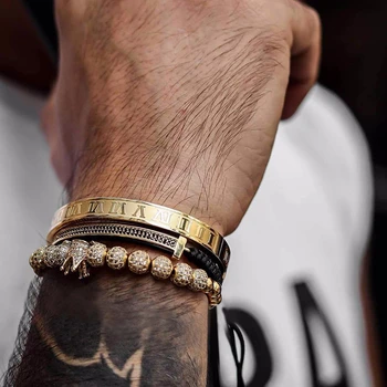 

LUXURY GOLD COLOR ROMAN NUMERAL BRACELET WITH QUEEN & KING CROWN STAINLESS STEEL SIMPLE BAND CUFF BANGLE SET