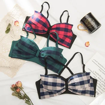 

Vintage Plaid Women Underwear Sexy Lace Super Big Bow Bra Set Comfortable Wire Free Yellown Adjusted 1/2 Cup Push Up Brassiere