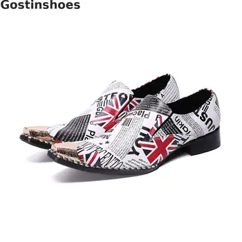 

Men Derby Shoes White Genuine Leather Printed Lace-up Men Casual Leather Shoes Metal Capped Toe Pointed Men Shoes Fashionable