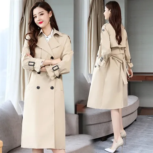 

Spring And Autumn New Solid Color Plaid British Style Coat Fold-down Collar Double Breasted Lace-up Trench Coat Long Sleeve Pock