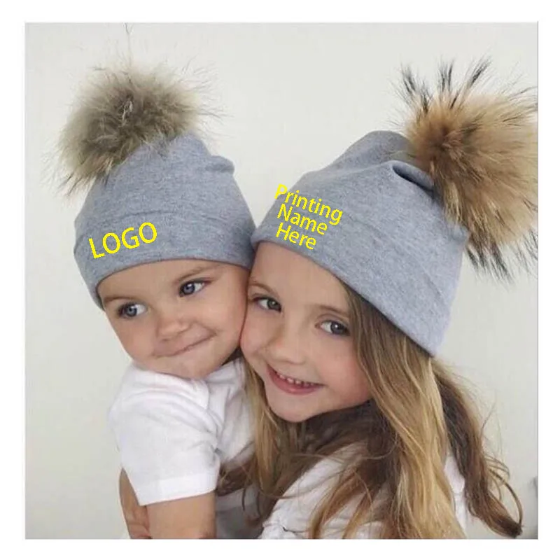 

Double-layer Cotton Clothes Beanies Winter Kids Cap Pom pom beanie Custom logo Print Child Name Baby Warm Hat Knitted Cap Girl