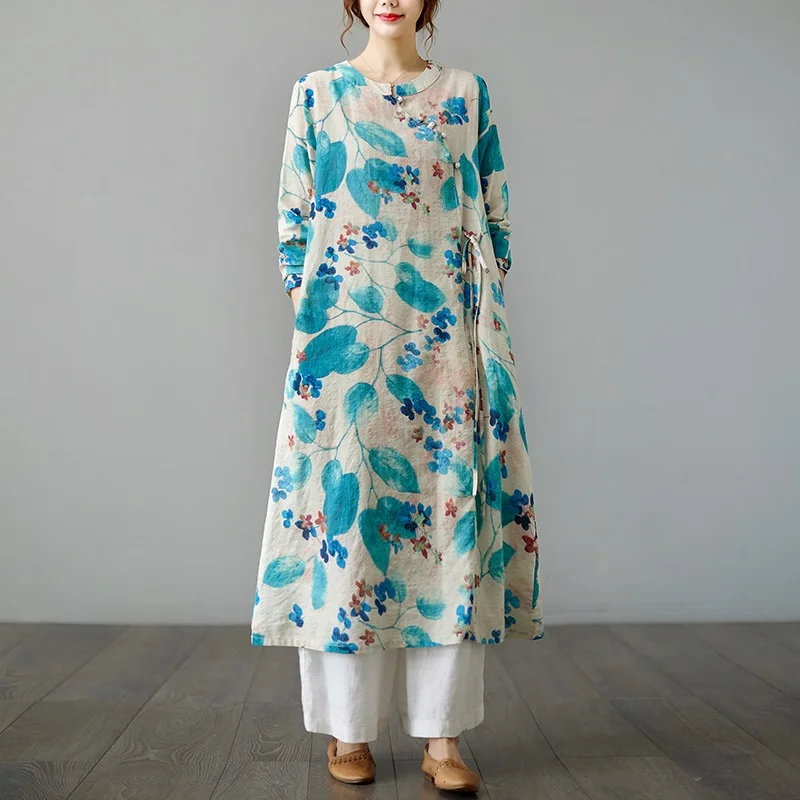 

Anteef long sleeve cotton vintage floral dresses for women casual loose spring summer autumn dress elegant clothing 2023