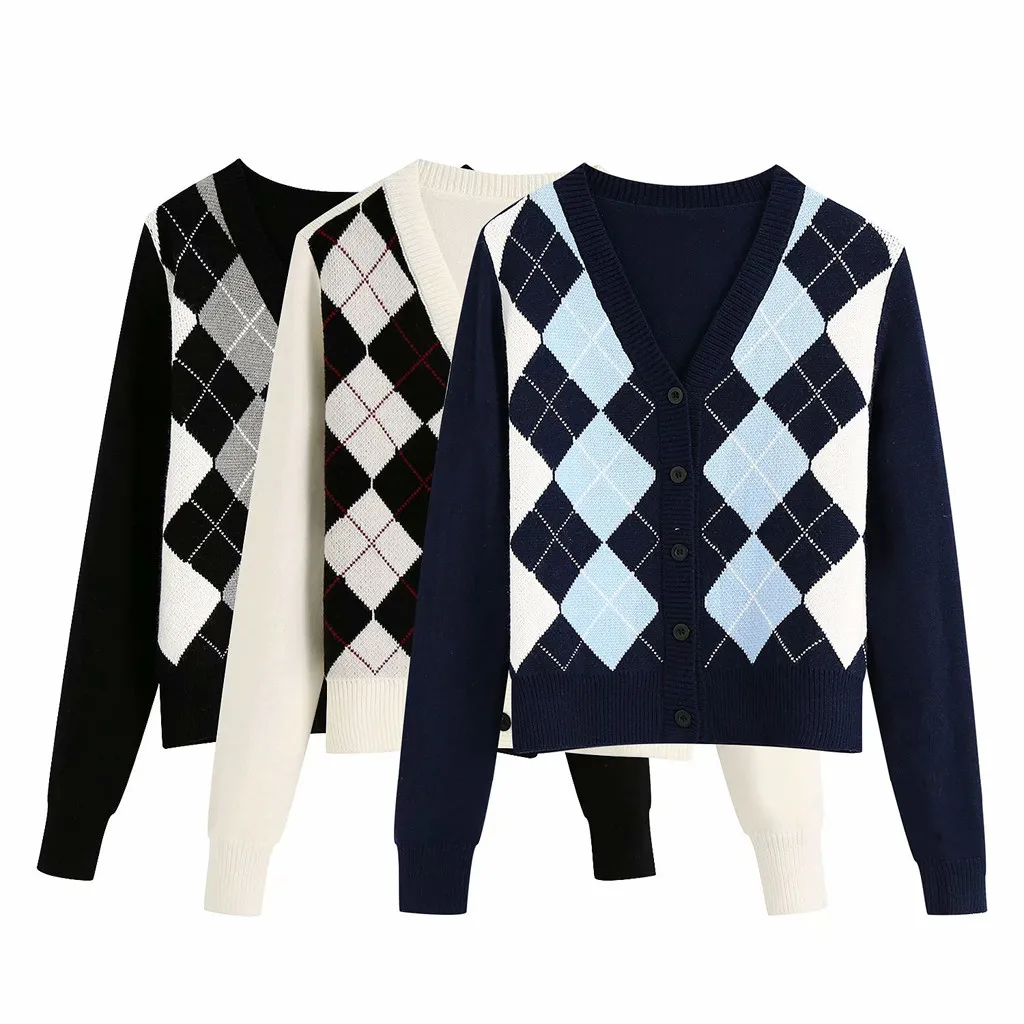 

Sweater Cardigan Women's vintage stylish geometric rhombic Outerwear Sweater Lady Autumn Warm long sleeve Top chic england style
