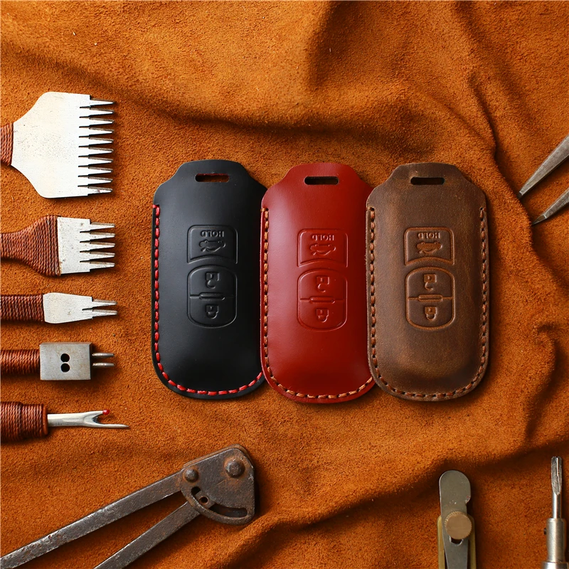 Car Key Fob Cover Key Case for Genuine Leather Protector Keychain with Mazda Key 3 Buttons Key Fob Cover Case