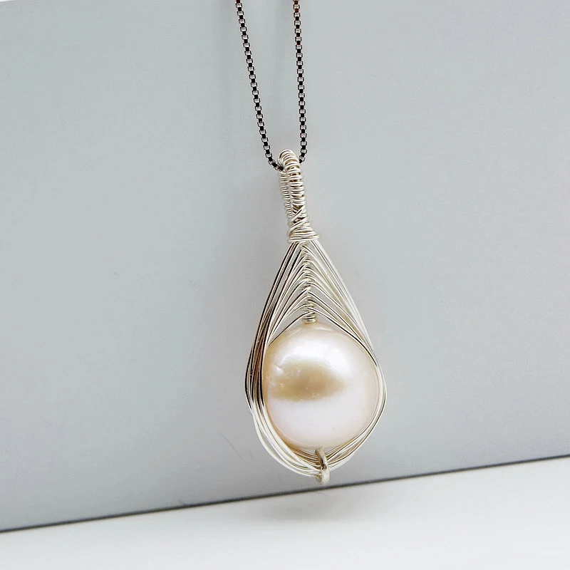 Ladies Pendant Necklace Natural Round White Freshwater Pearl Silver Pendant Hand Braided Water Drop Pendant Silver Necklace