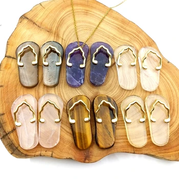 

Natural gems stone pendant gold color plated cute slippers pendant amethysts crystal rose quartzs charm for necklace DIY