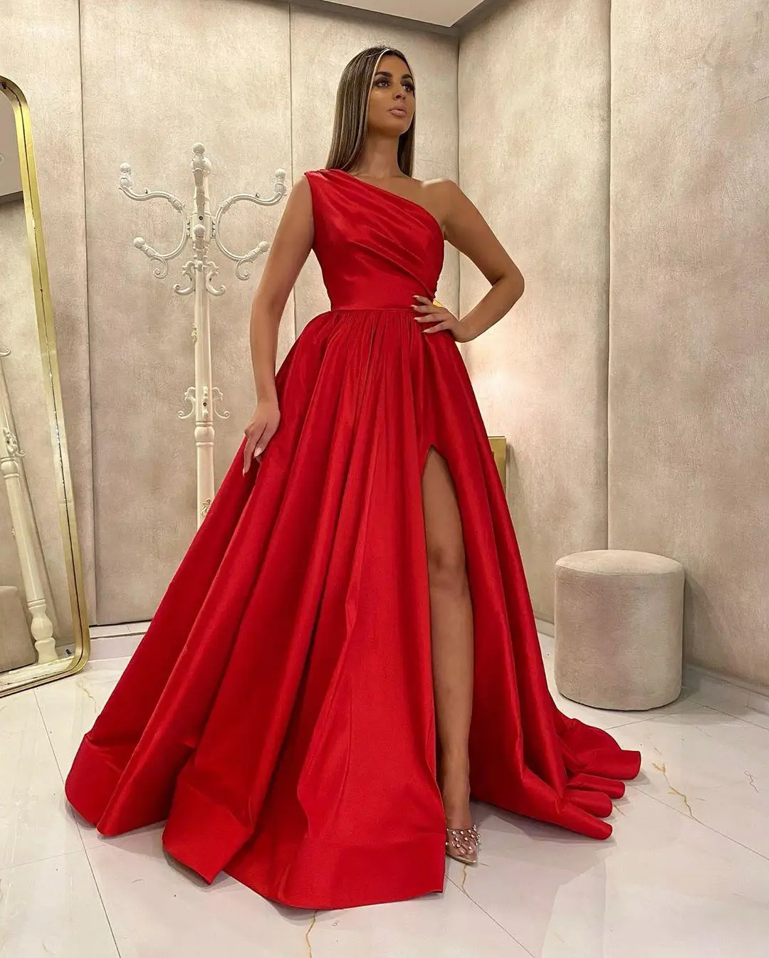 Festival Red A Line Long Prom Dresses Side Split One Shoulder Vestidos De Fiesta Ruched Cheap Bride Party Evening Formal Dress