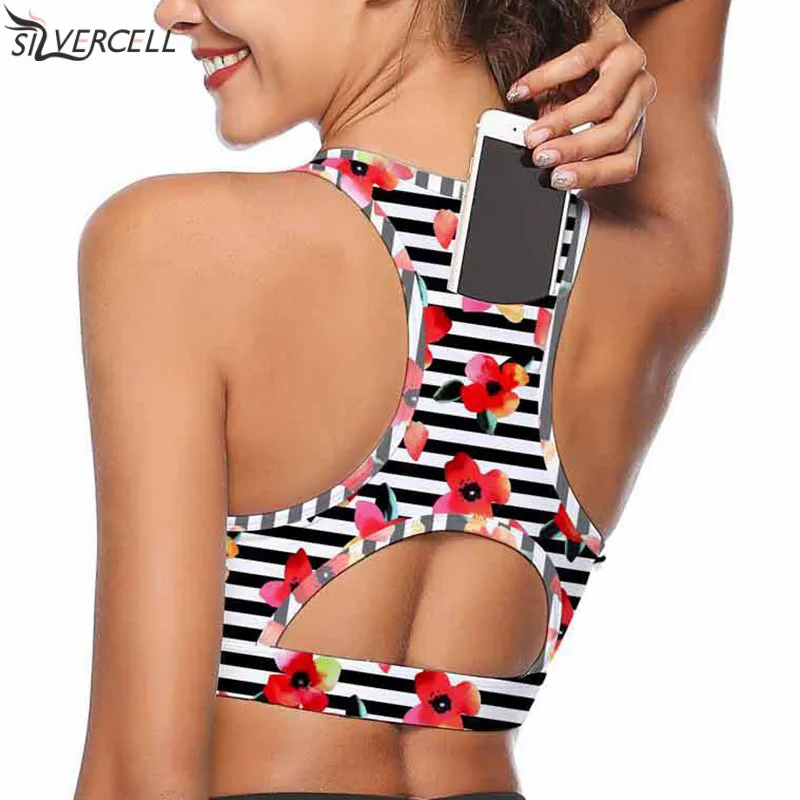 Бесшовный спортивный бюстгальтер с карманом для телефона, топ с цветочным узором для фитнеса, Женские топы для бега, тренировочный бюстгальтер с подкладкой, нижнее белье