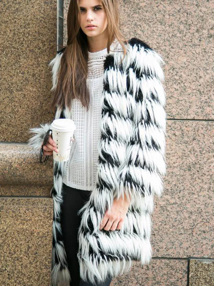

Black And Ahite Stripes Shaggy Women Fluffy Faux Fur Coat Elegant Winter Fashion Slim Fur Luxury High Quality Russian Style