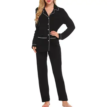 

Soft Cotton Pajamas Set pyjamas women Long Sleeve Button Pocket Sleepwear Blouse With Long Pants Nightwear Casual Sleepwear Set