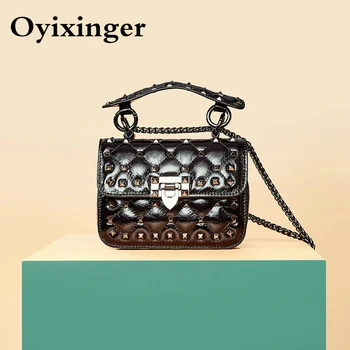 

New Rivet Women's Hasp Cowhide Bag Girls Crossbody Small Bags Women Metal Chain Shoulder Bag Diamond Genuine Leather Handbag Sac