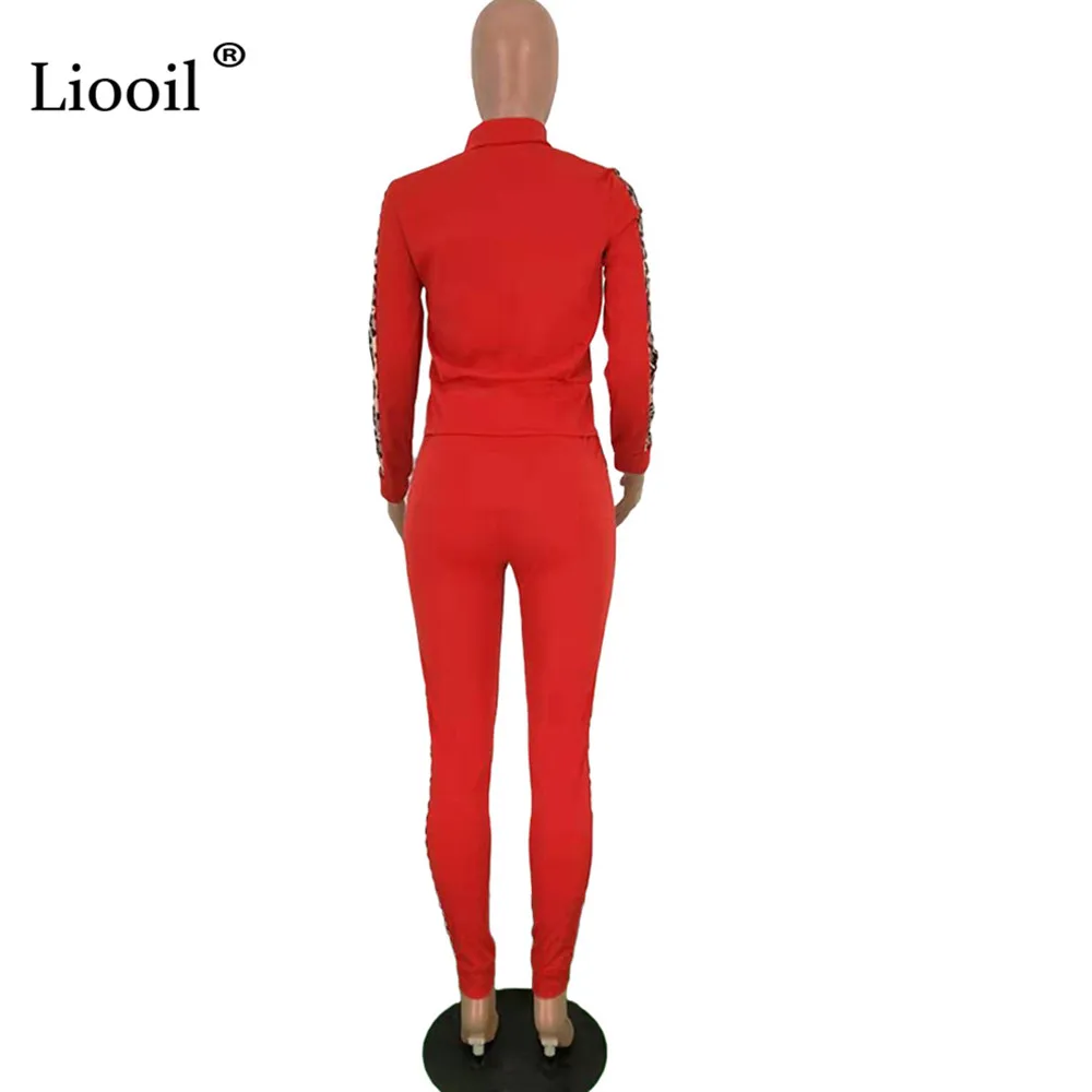 Liooil, Леопардовый принт, комплект из двух предметов, топ и штаны с карманами, с длинным рукавом, на молнии, облегающие, вечерние, сексуальные, Клубные наряды для женщин, наборы