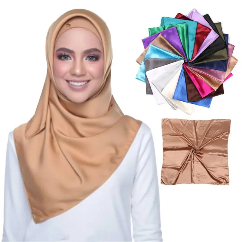 

Solid Color Satin Women Lady Large Square Scarf Muslim Imitation Silk Scarves Islamic Shawls