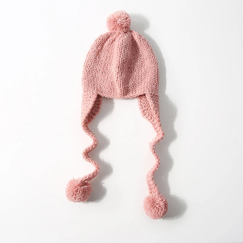 Pink baby hat Зимняя новая детская шапка с помпоном, хлопковая вязаная детская шапка для девочек и мальчиков, Детская шляпка, детская шапка, Детские аксессуары, 6 цветов - Цвет: Pink baby hat