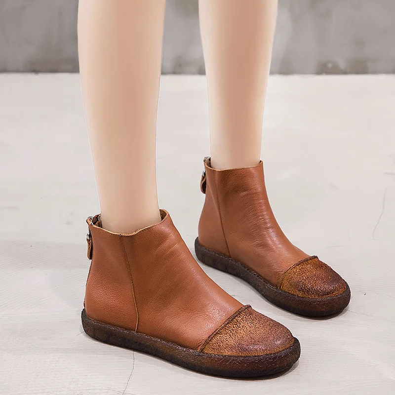 PEIPAH/женские ботильоны для женщин из натуральной кожи; зимние ботинки на плоской подошве; женская зимняя обувь на меху с круглым носком