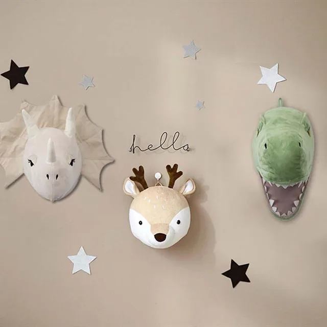Animal Head Dinosaur Wall Decor Elephant Deer Hanging Mount Stuffed Animal Plush Toy Princess Doll Girl Kid Gift Nursery Room 2