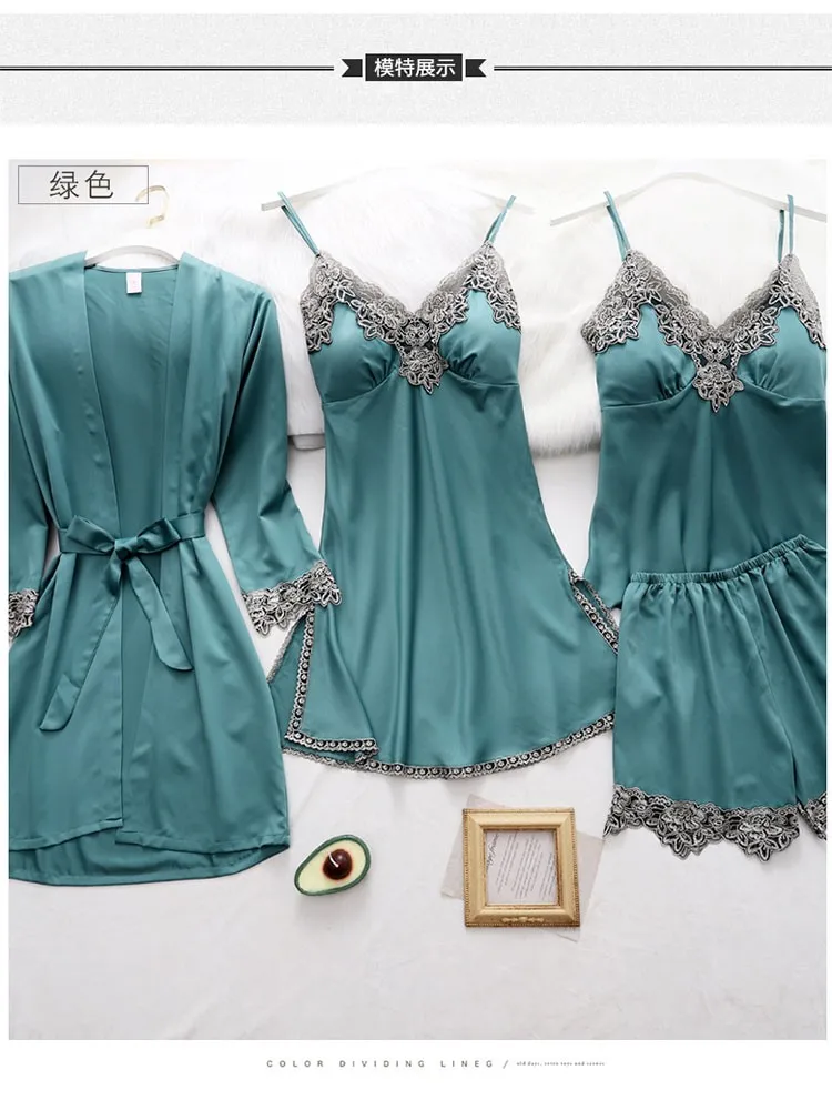 Four seasons new five-piece set with chest pad imitation silk feminine night gown, bathrobe, home service, long-sleeved pajamas