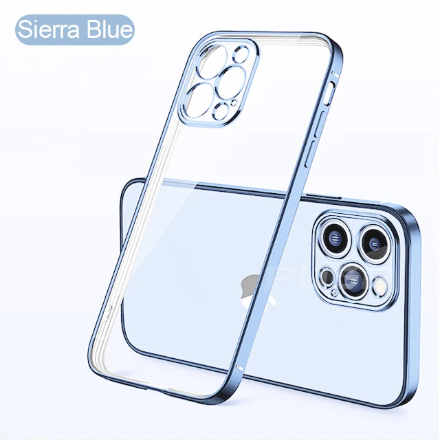 Luxury Transparent Square Frame Plating Case for iPhone 13 12 11 Pro Max Mini iPhone X Xs Xr 7 8 Plus SE 2020 Soft Clear Cover Sierra blue