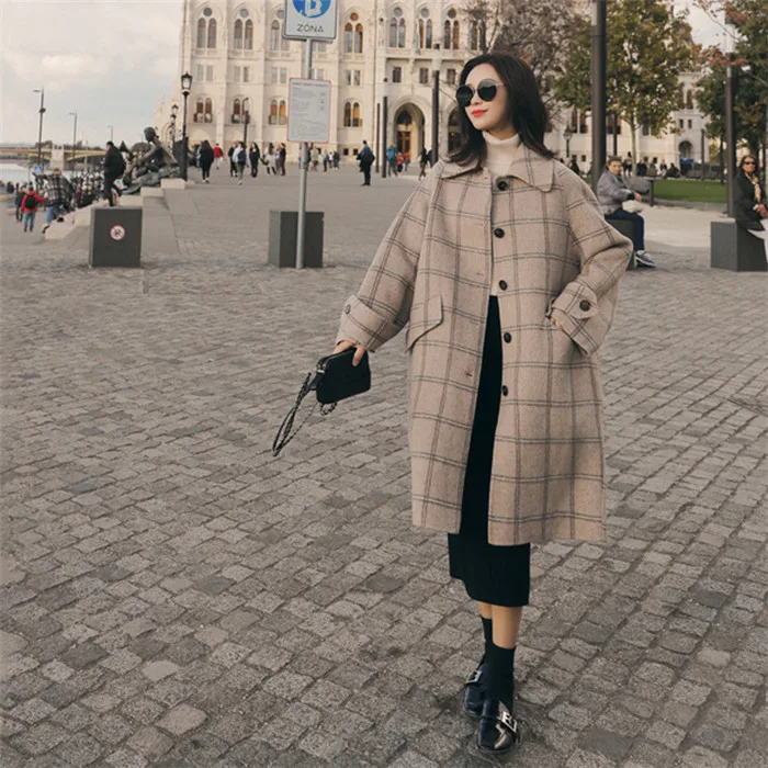 Осенне-зимнее шерстяное пальто для женщин популярная клетчатая куртка длинная однобортная Женская шерстяная верхняя одежда пальто высокого качества XIN163