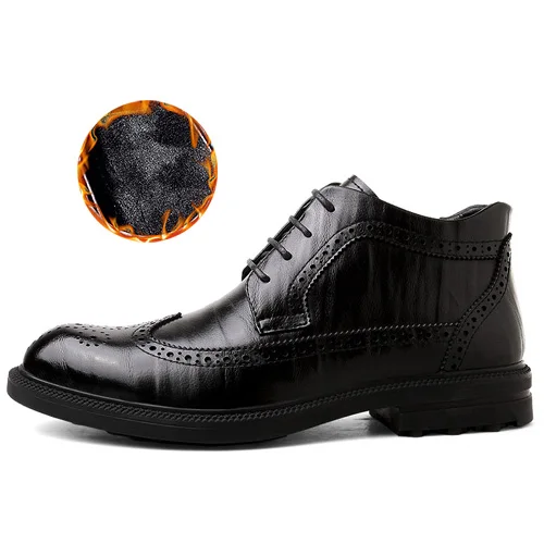 Зимние Модные Мужские модельные туфли; мужские классические коричневые или черные плюшевые туфли из натуральной кожи; мужская деловая официальная обувь - Цвет: black