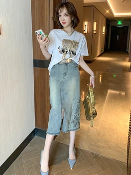 

Trendy Tiger Printed T-shirt + Beaded Tassels High Waist Denim Overskirt Suit Women's Fashion Summer New Style
