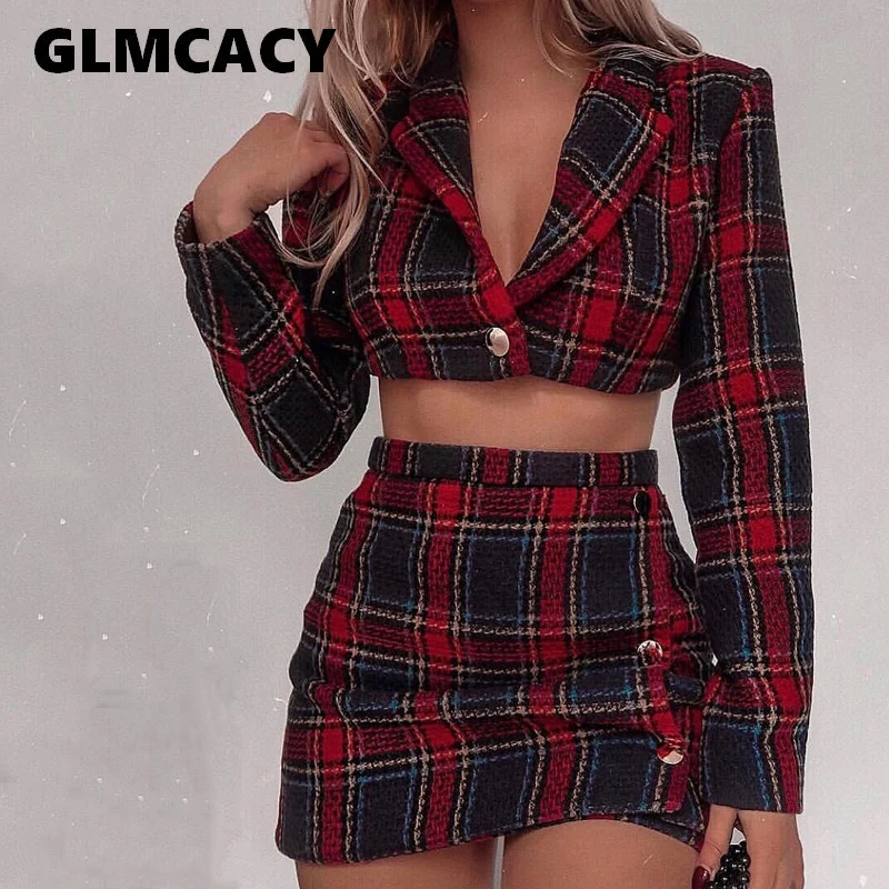 

Women Plaid Woolen Skirt Suit Office 2 Piece Sets Ladies Outfits Crop Top Jacket Blazer and Skirt Office Wear