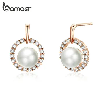 

bamoer Authentic 925 Sterling Silver Stud Earrings Rose Golden Elegant Pearl Clear Circle Earrings Fine Jewelry for Women GAE298