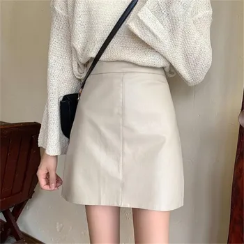 

Focal20 Streetwear Solid Women PU Skirt High Waist Mini A Line Female Skirts Casual Zipper Spring Summer Autumn PU Lady Bottoms
