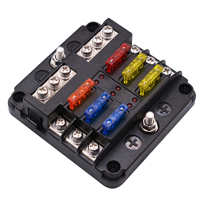 12V 32V Plastic Cover Fuse Box Holder M5 12 Stud with LED Indicator Light 6/12 Ways Blades for Car B88