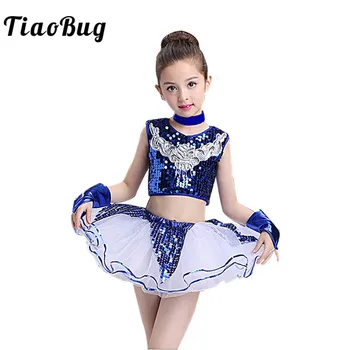 

Kids Shiny Sequins Sleeveless Crop Top with Mesh Tutu Skirt Set Girls Stage Performance Modern Hip Hop Jazz Dance Costume Outfit
