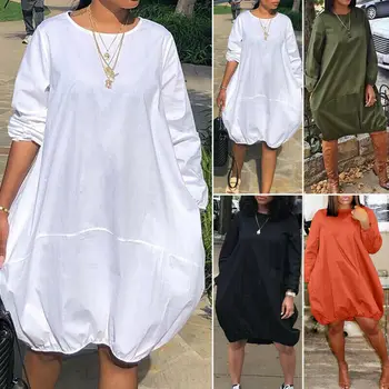 

2020 New Autumn Women's Lady Solid Casual Loose O-Neck Baggy Knee Length Dress Pocket Oversize Dresses