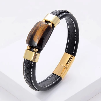 Square Tiger Eye Bracelet For Women Men Charm Stainless Steel Magnetic Buckle Natural Stone Jewelry Black Leather Bracelet Homme