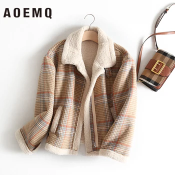 

AOEMQ Fashion Jackets England High Street Coat Warm Woolen Compound Coffee Plaid Jackets Locomotive Jackets Women Clothing