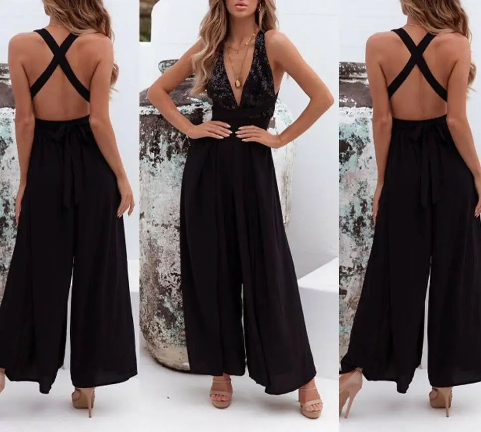 Summer ladies casual solid color loose jumpsuit Fashion sleeveless V-neck open back strap waist Bodycon Party jumpsuit trousers