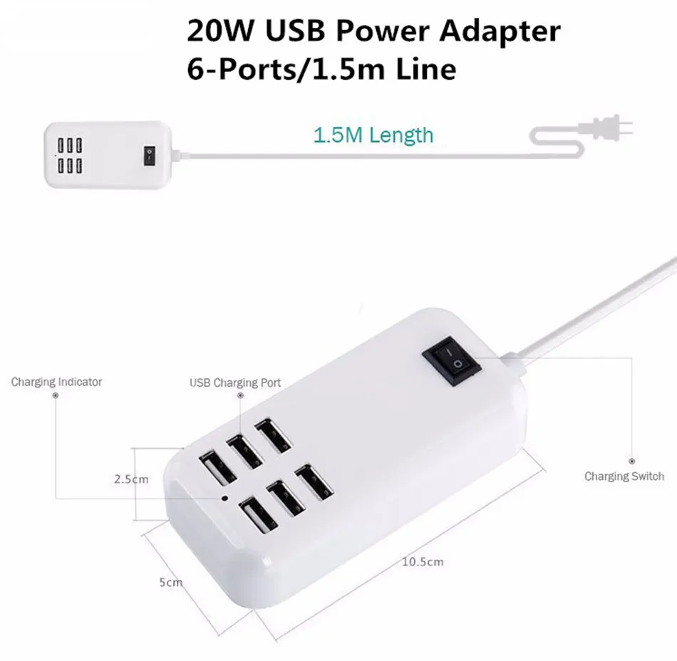 Телефон USB Зарядное устройство концентратор 6 Порты Зарядное устройство по стандартам ЕС/США 3A штекер розетка док-станция для быстрой зарядки удлинитель, адаптер питания для сотового телефона Tablet