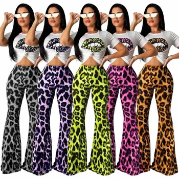 

Fashion Women's New Skinny Flared Leg Stretchy Pants Bell Bottom Leopard Print Long High Waist Wide Leg Pants Baggy Trousers