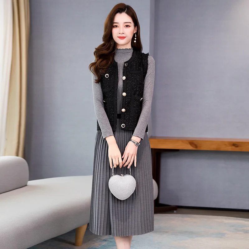 

Europe And America Base Shirt + ding zhu kou Tweed Waistcoat + Pleated Skirt Three-piece Set-Women's 2019 New Style