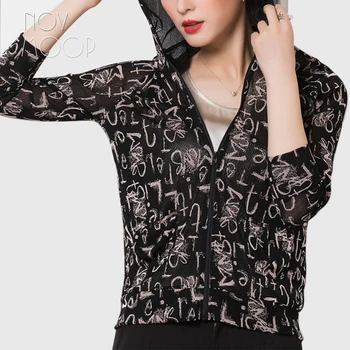 

Novmoop Office lady artistic letter print full sleeve autumn summer hooded tops women with zipper decor rebeca de verano LT2789