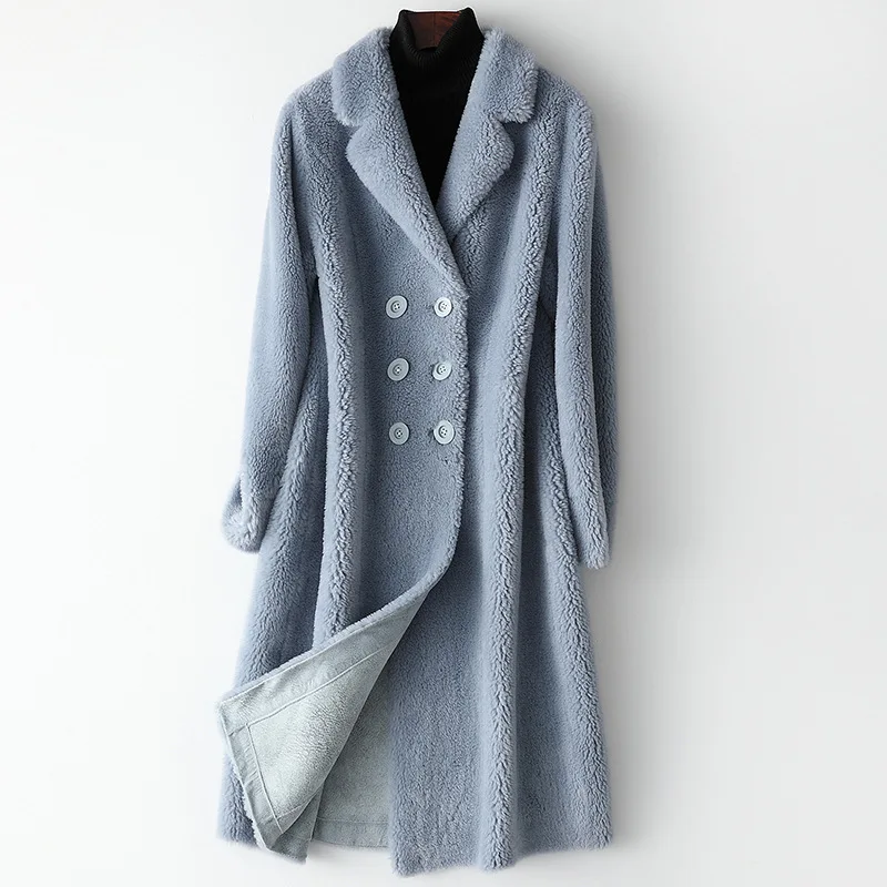 blue Длинное шерстяное пальто, зимнее пальто для женщин, куртка из искусственного меха, женское толстое теплое пальто из овечьей шерсти, женское элегантное плюшевое пальто с отворотом - Цвет: blue