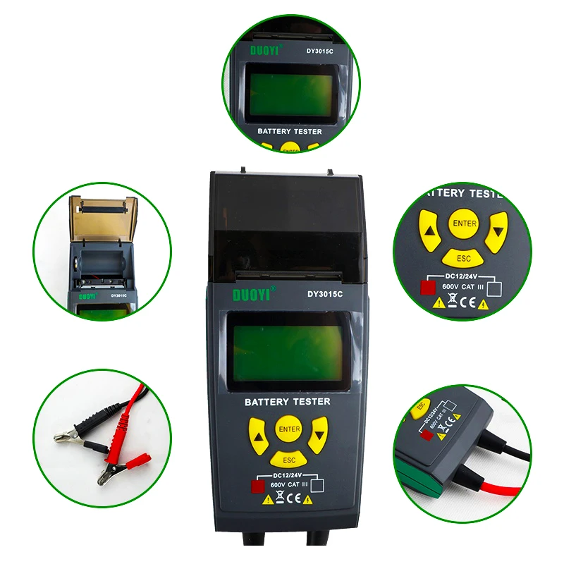 DUOYI DY3015C 자동차 배터리 테스터 12V UPS 및 12V&24V 배터리 분석기 CCA 프린터 포함 다국어 지원 6개 언어 옵션