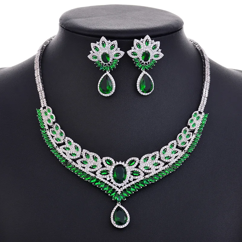 Exaggeration White Gold Color Fahsion Bride Wedding Jewelry Sets for Women AAA Cubic Zirconia Earrings Necklaces Set