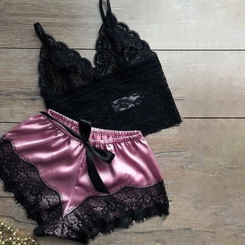 

Women Sexy Gift Lingerie Lightweight Camisole Sleepwear Set Soft Lace Trim Bowknot Comfortable V Neck Summer Spandex