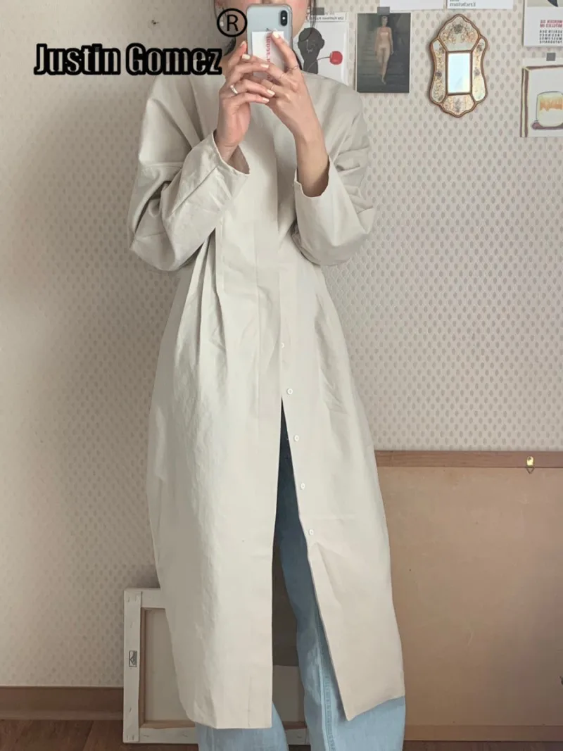 

High Waist Round Neck Supernatural Trench Coat Female Thin Outwear Black Windbreaker Single-breasted Graceful Ladies Long Coat