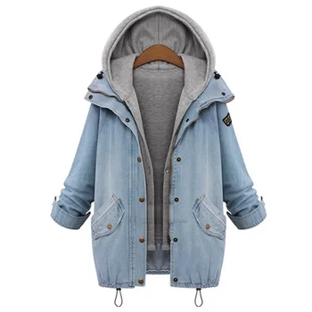 

Plus Size 4xl Autumn Winter Fashion Oversize 2 Piece Set Jacket Women Casual Loose Denim Hooded Coat Outerwear Top