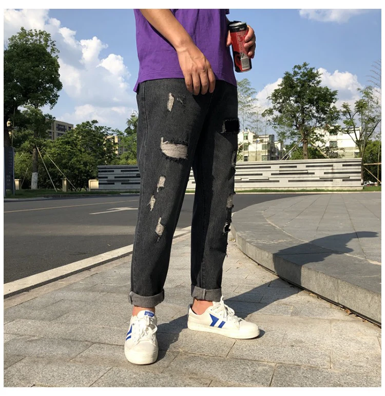 Autumn And Winter New Loose Retro Patch Hole No Elastic Waist Jeans Fashion Casual Trousers Black / Sky Blue M-2XL