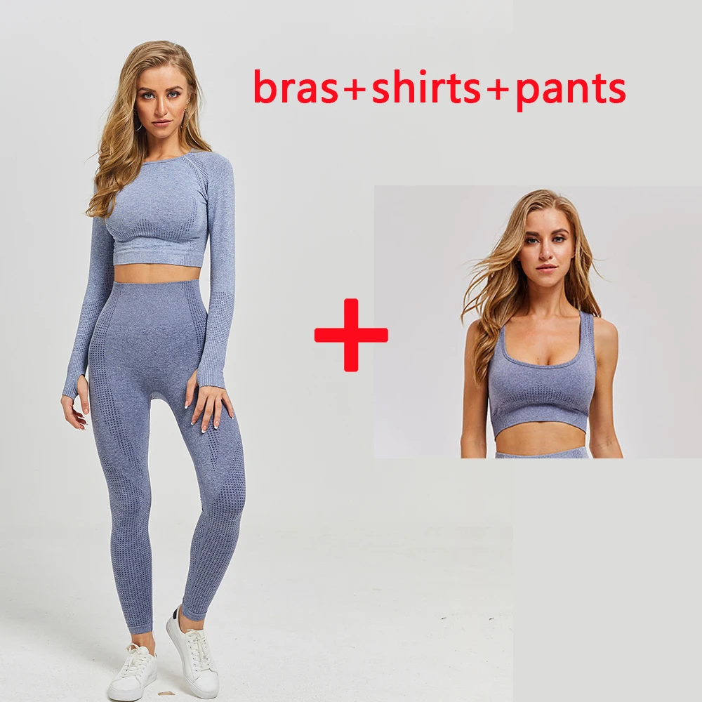 3pcsSetGray Комплект для йоги, женские спортивные костюмы для фитнеса, одежда для спортзала, укороченный топ с длинным рукавом, рубашки с высокой талией для бега, бесшовные леггинсы, тренировочные штаны - Цвет: 3pcsSetGray