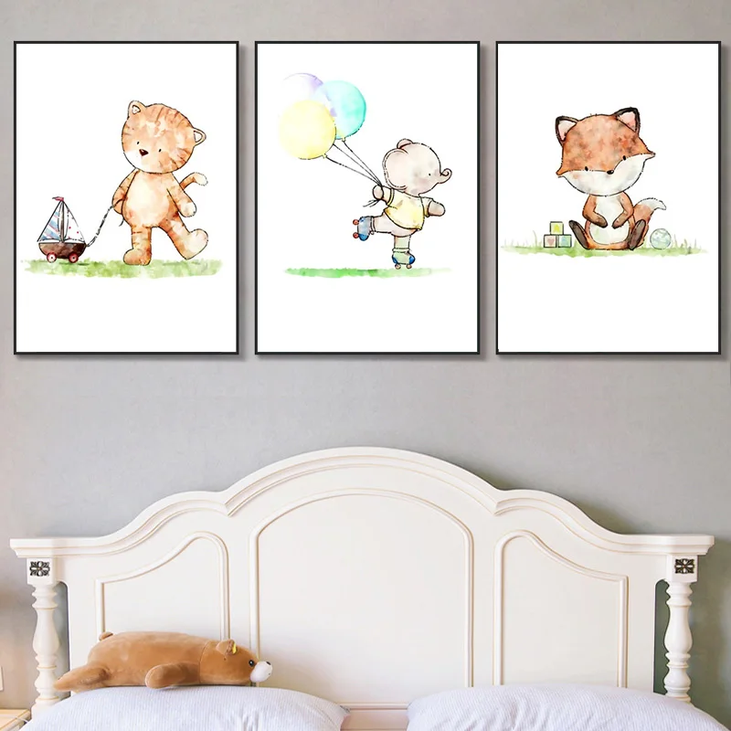 

Cute Animal Cartoon Kids Room Nordic Poster Fox Bear Giraffe Balloon Children Room Canvas Prints Wall Art Pictures Unframed