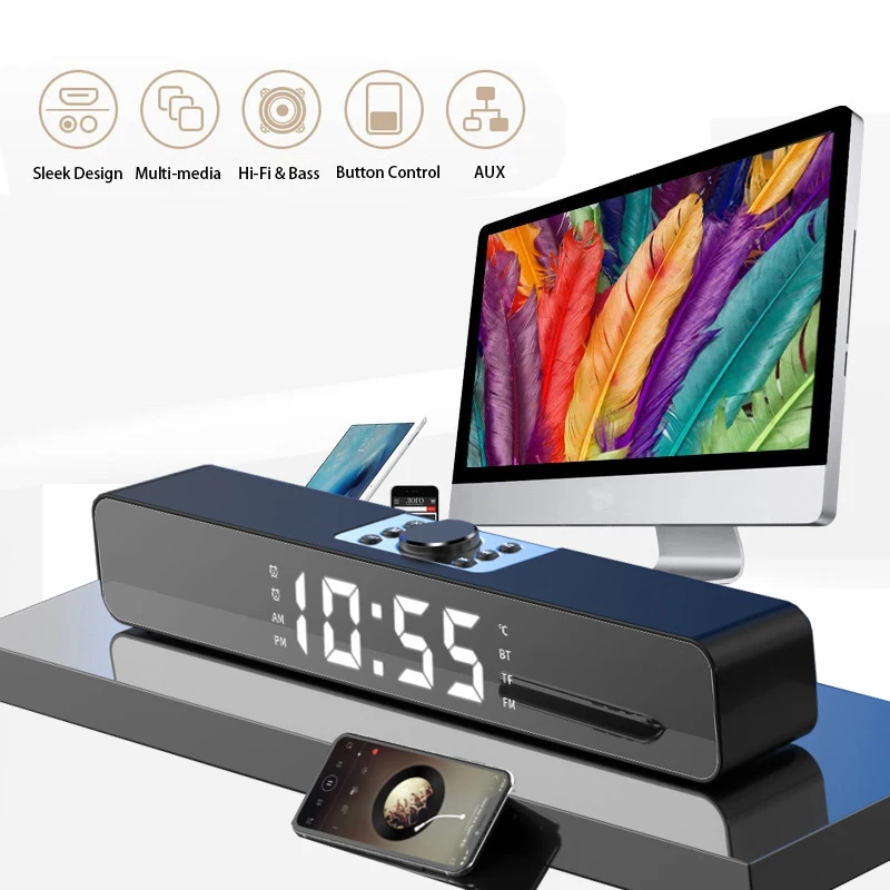 

Rsionch LED Display PC Speaker TV Soundbar Alarm Clock AUX USB Player Home Theater Surround Sound Bar for TV Computer Speaker