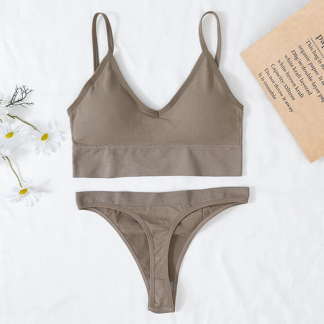 Women Bra And Panties Set Sports Bra Set Sexy G-String Seamless Bra Thong Sexy Lingerie Set Fitness Crop Top Underwear Intimates Brazilian kakhi